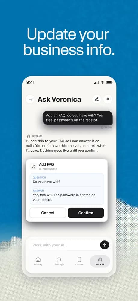 a1mobile app screen for reviewing a business FAQ before saving it.