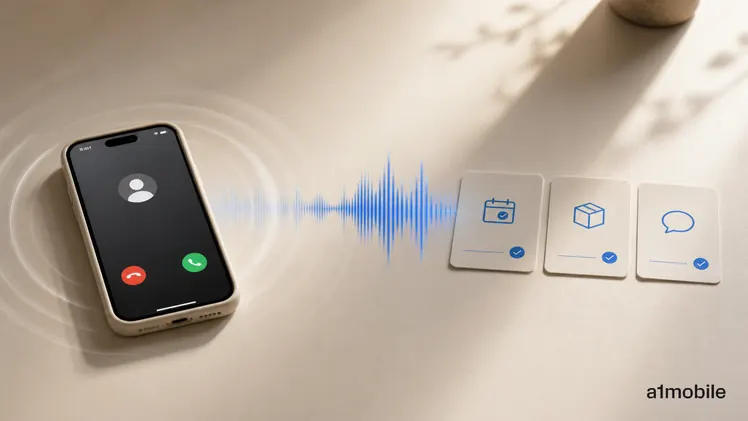 An iPhone call becomes a blue voice waveform and three confirmed business outcomes.