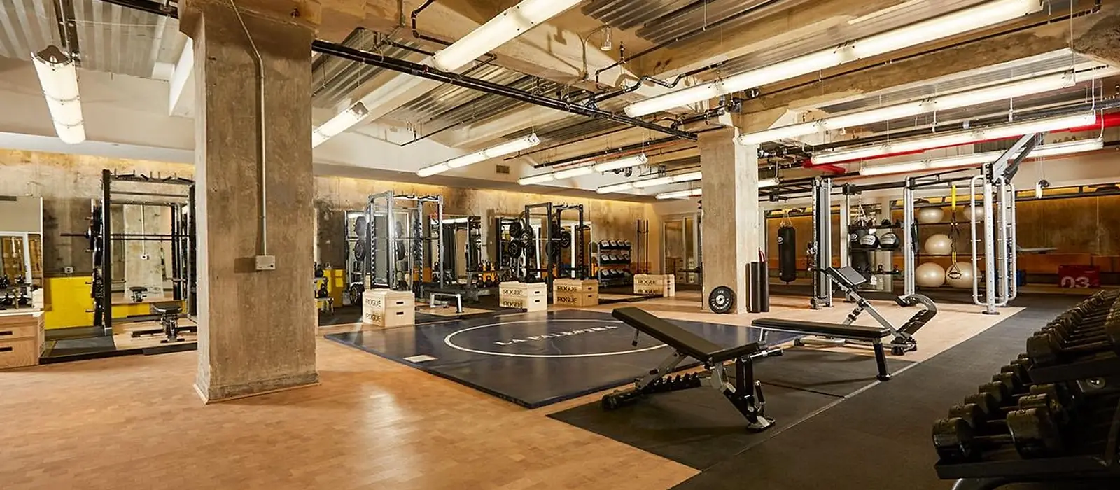 An empty gym floor in a converted industrial space: squat racks and mirrors along the back wall, wooden plyo boxes, an adjustable bench on a dark mat, a rack of dumbbells to one side, and fluorescent tubes and ductwork across the exposed ceiling.