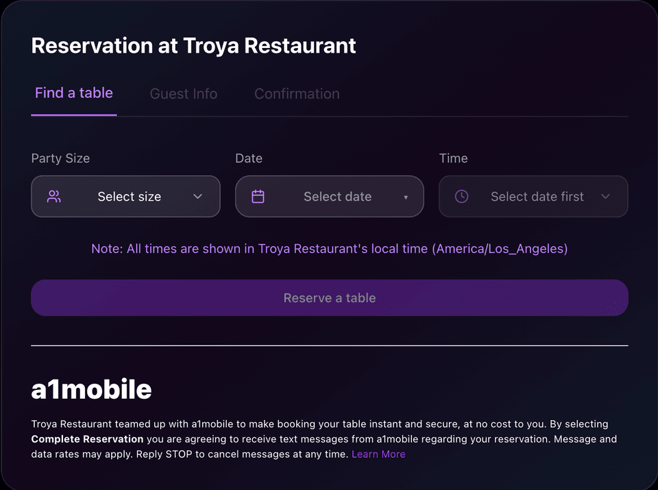 a1mobile-powered reservation form showing the SMS consent disclosure naming a1mobile as the sender