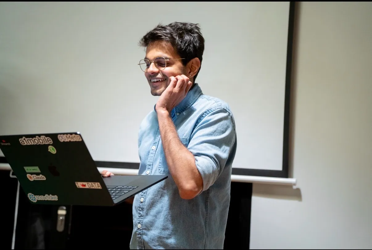 Presenting a demo from a sticker-covered laptop