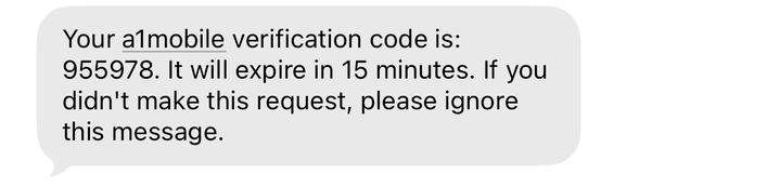 Example a1mobile verification (2FA) code text messages