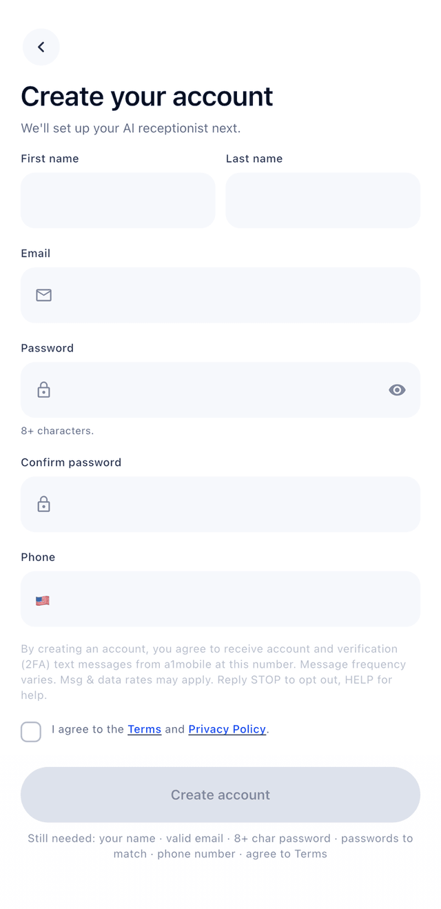 a1mobile account signup form showing the phone-number field, SMS consent disclosure, and agree-to-Terms checkbox